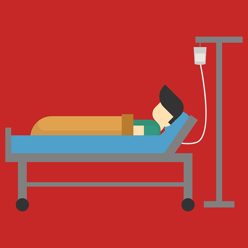 cartoon-style illustration of person in hospital bed hooked to an IV