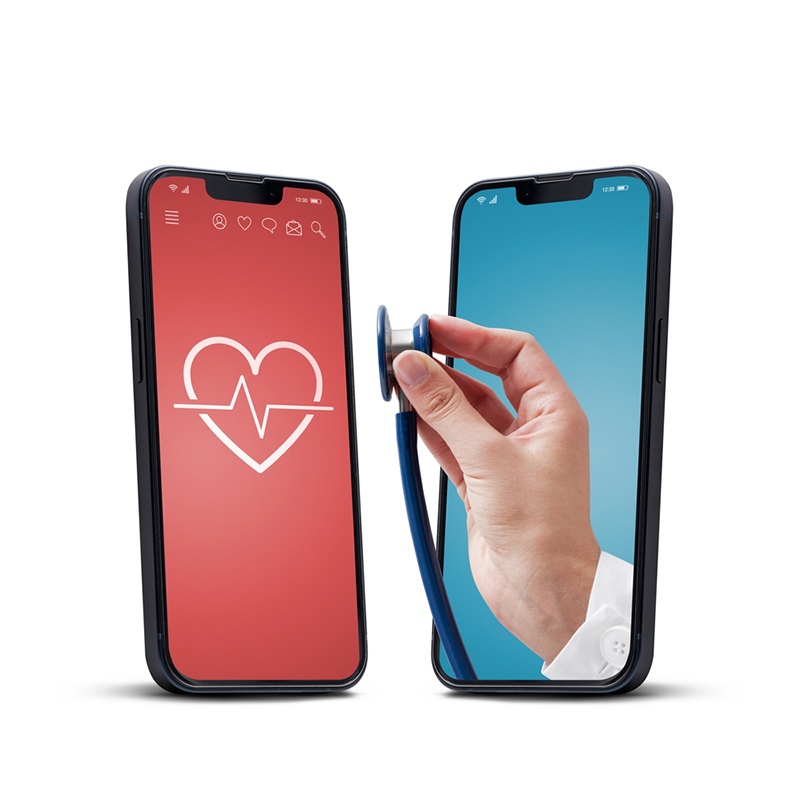 physician's hand holding a stethoscope and reaching through one phone as if to touch another phone