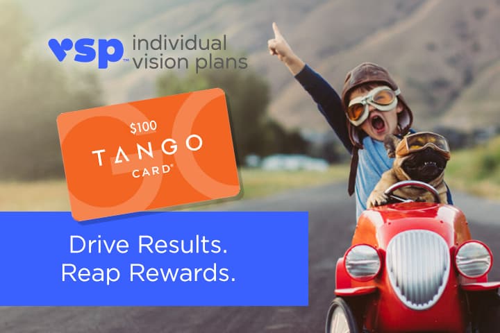 Child wearing leather flight helmet and goggles, sitting on a toy car, screaming and pointing upward, with a small dog, also wearing leather flight helmet and goggles, sitting in front of him. Text: VSP individual vision plans. $100 Tango Card. Drive Results. Reap Rewards.