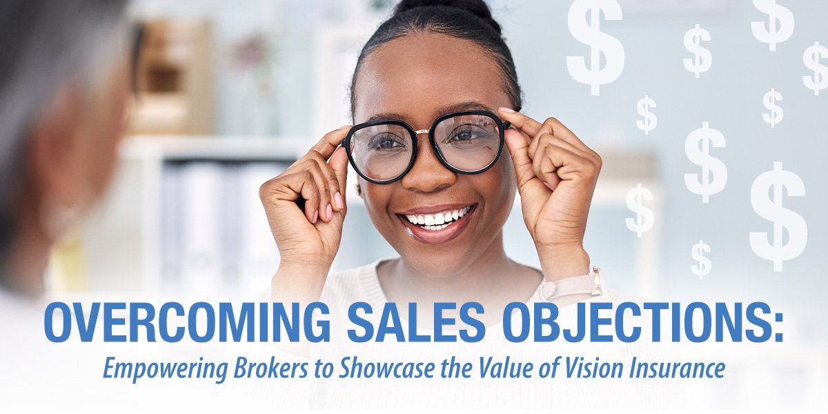 Over-the-shoulder of eye doctor point of view: A woman smiles while trying on glasses. Decorative dollar sign graphics.