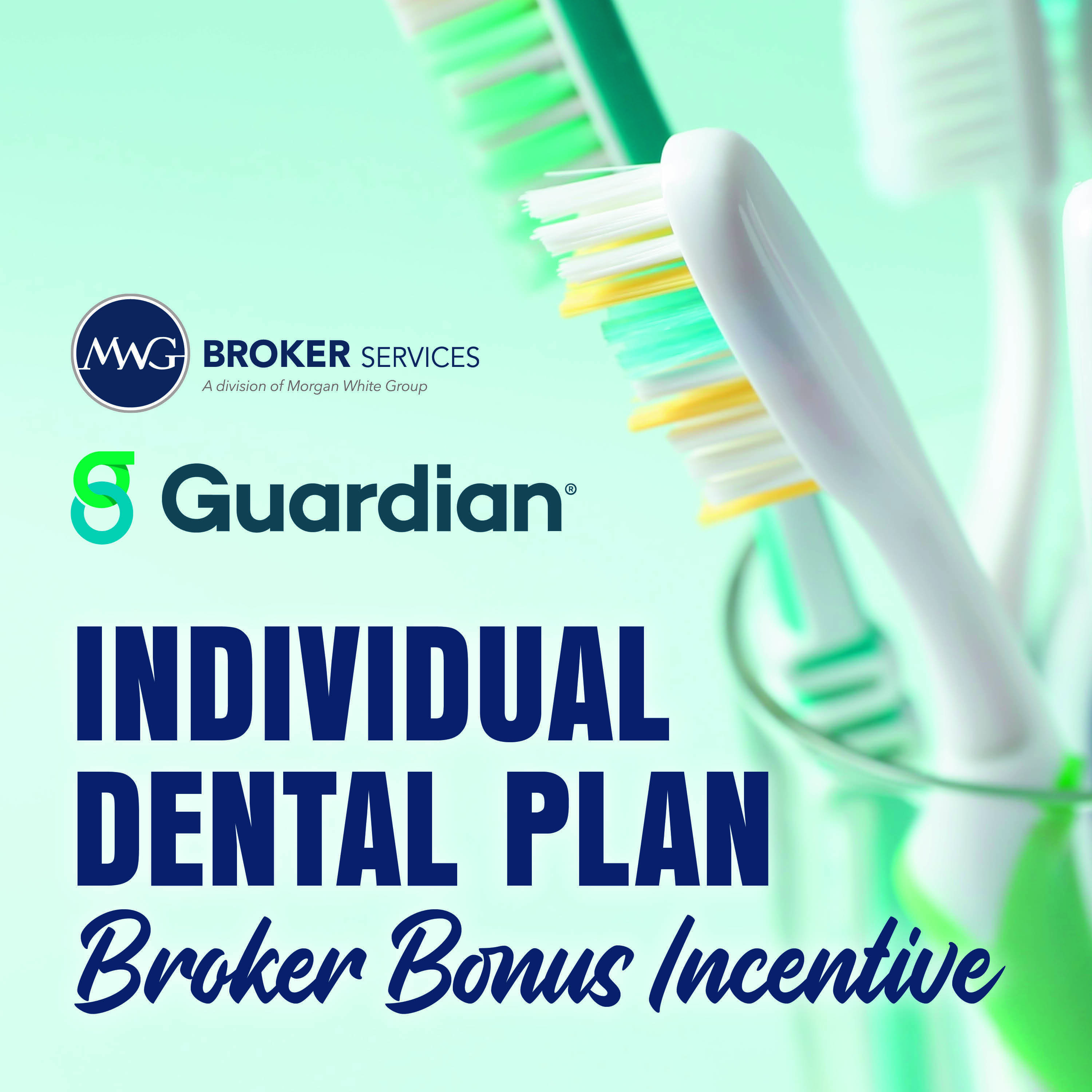 Toothbrushes in glass. MWG Broker Services logo. Guardian logo. Text: Guardian Individual Dental Plan Broker Bonus Incentive. MWG Broker Services. A division of Morgan White Group. Guardian.