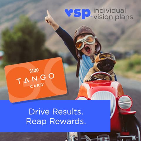 Child wearing leather flight helmet and goggles, sitting on a toy car, screaming and pointing upward, with a small dog, also wearing leather flight helmet and goggles, sitting in front of him. Text: VSP individual vision plans. $100 Tango Card. Drive Results. Reap Rewards.