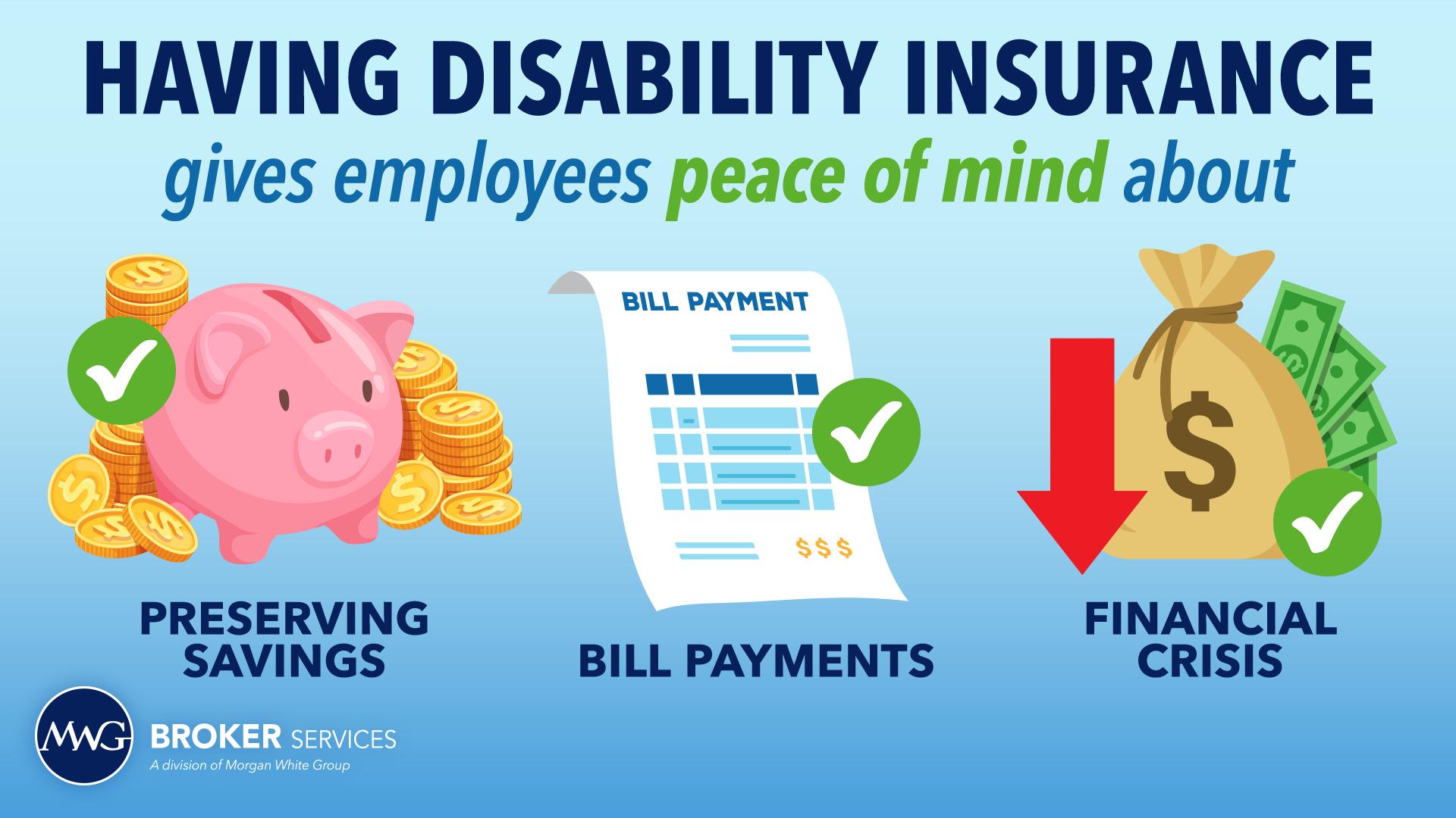 Having disability insurance gives employees peace of mind about preserving savings, bill payments, and financial crisis.